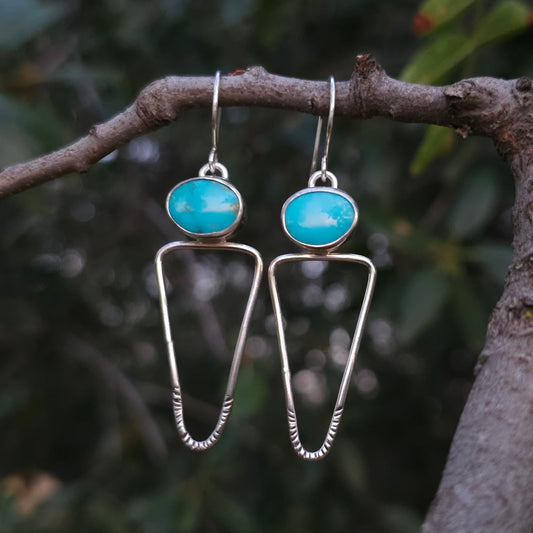 Stamped Elongated Triangle Sterling Silver Earrings with Kingman Turquoise Stone