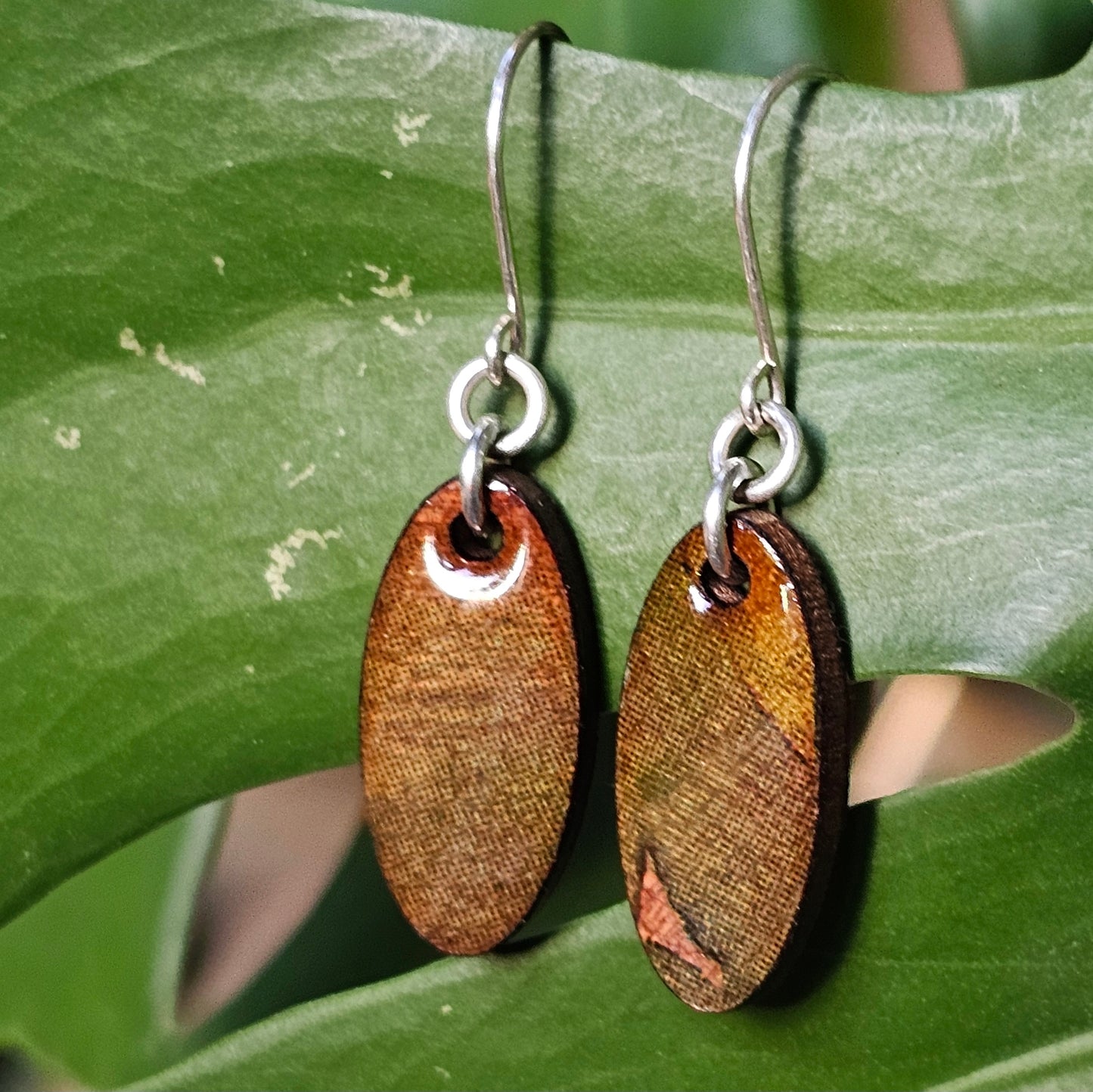 Mini Hardwood Earrings Laser Cut with Resin Covered Design - Created by Shine Designs Customs + Bright Side Jewelry Co.