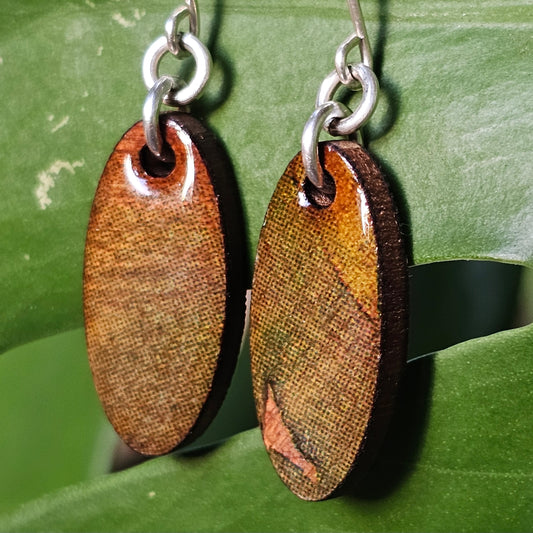 Mini Hardwood Earrings Laser Cut with Resin Covered Design - Created by Shine Designs Customs + Bright Side Jewelry Co.