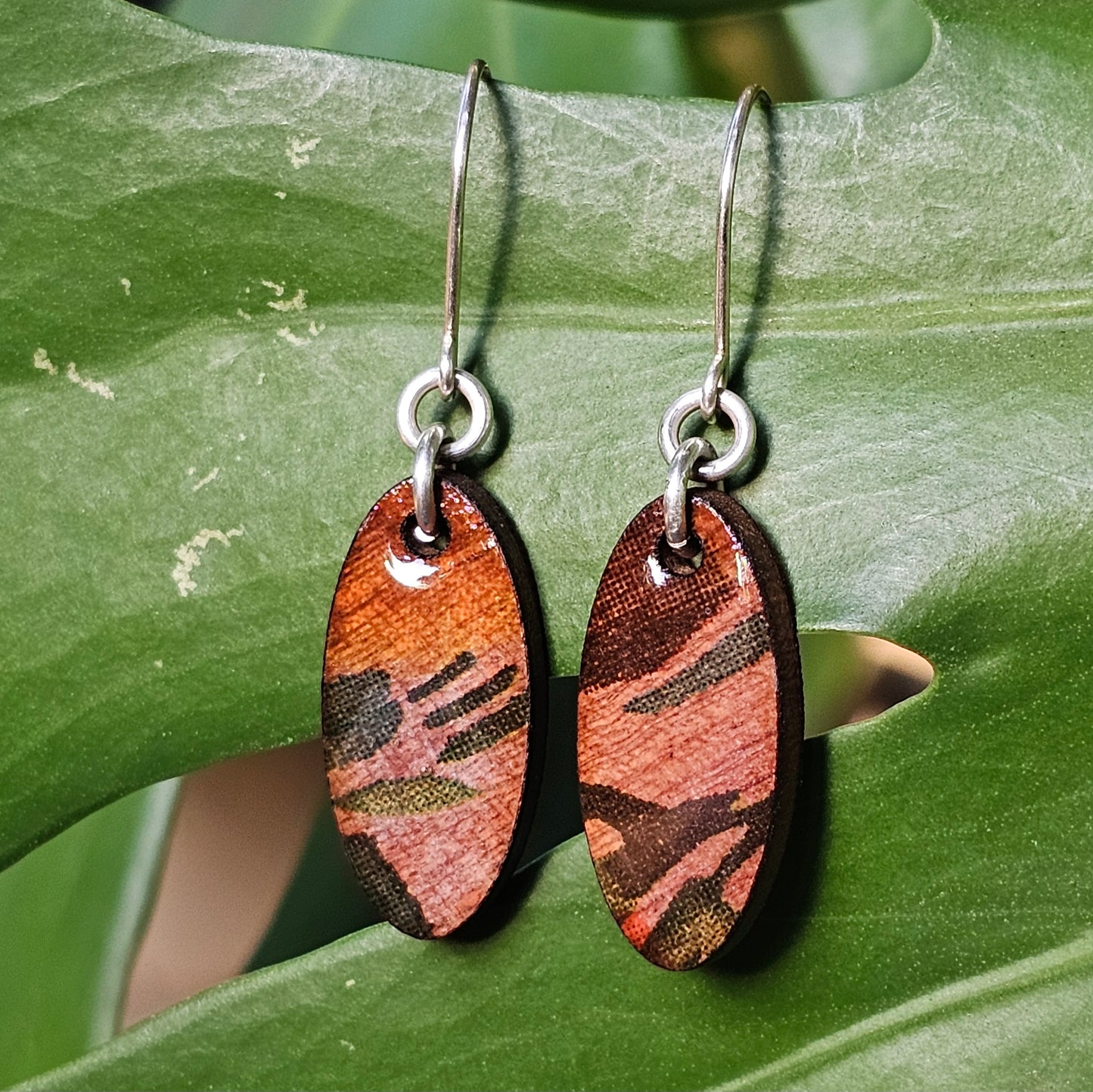 Mini Hardwood Earrings Laser Cut with Resin Covered Design - Created by Shine Designs Customs + Bright Side Jewelry Co.