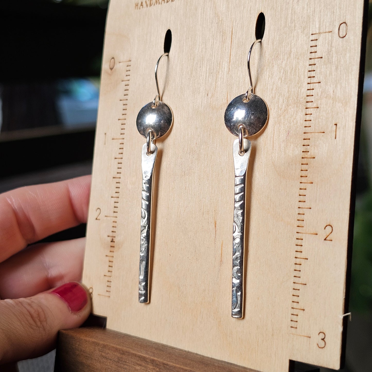 Textured Bar Earrings with Domed Silver Accent