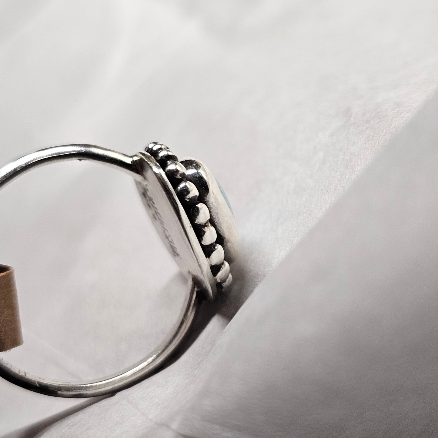 Size 8.75 // Sterling Silver Textured Band with Turquoise Stone