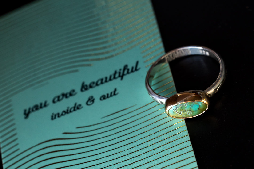 Size 9 // 14k Gold Bezel, Turquoise Stone with Sterling Silver Textured Band