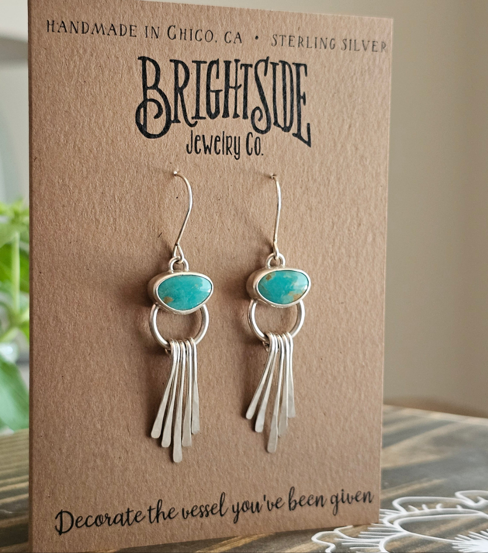 Kingman Turquoise Earrings with Hammered Sterling Silver Fringe