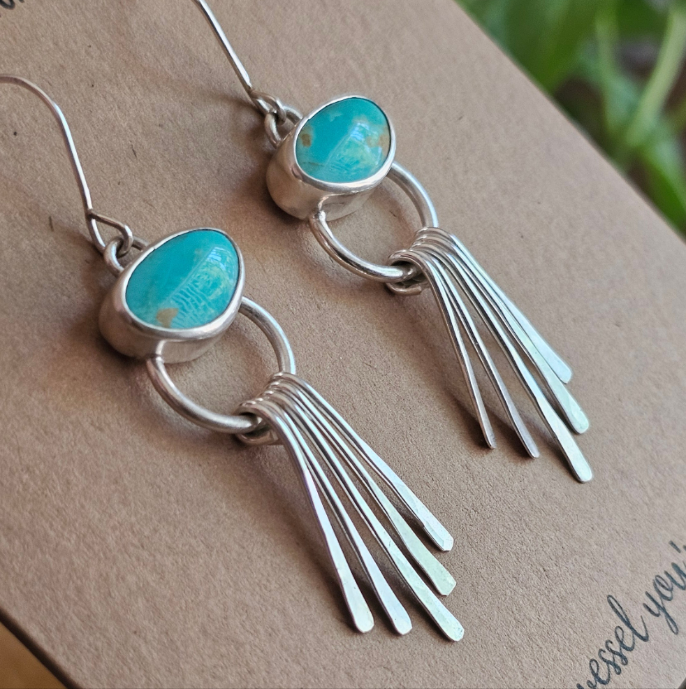 Kingman Turquoise Earrings with Hammered Sterling Silver Fringe