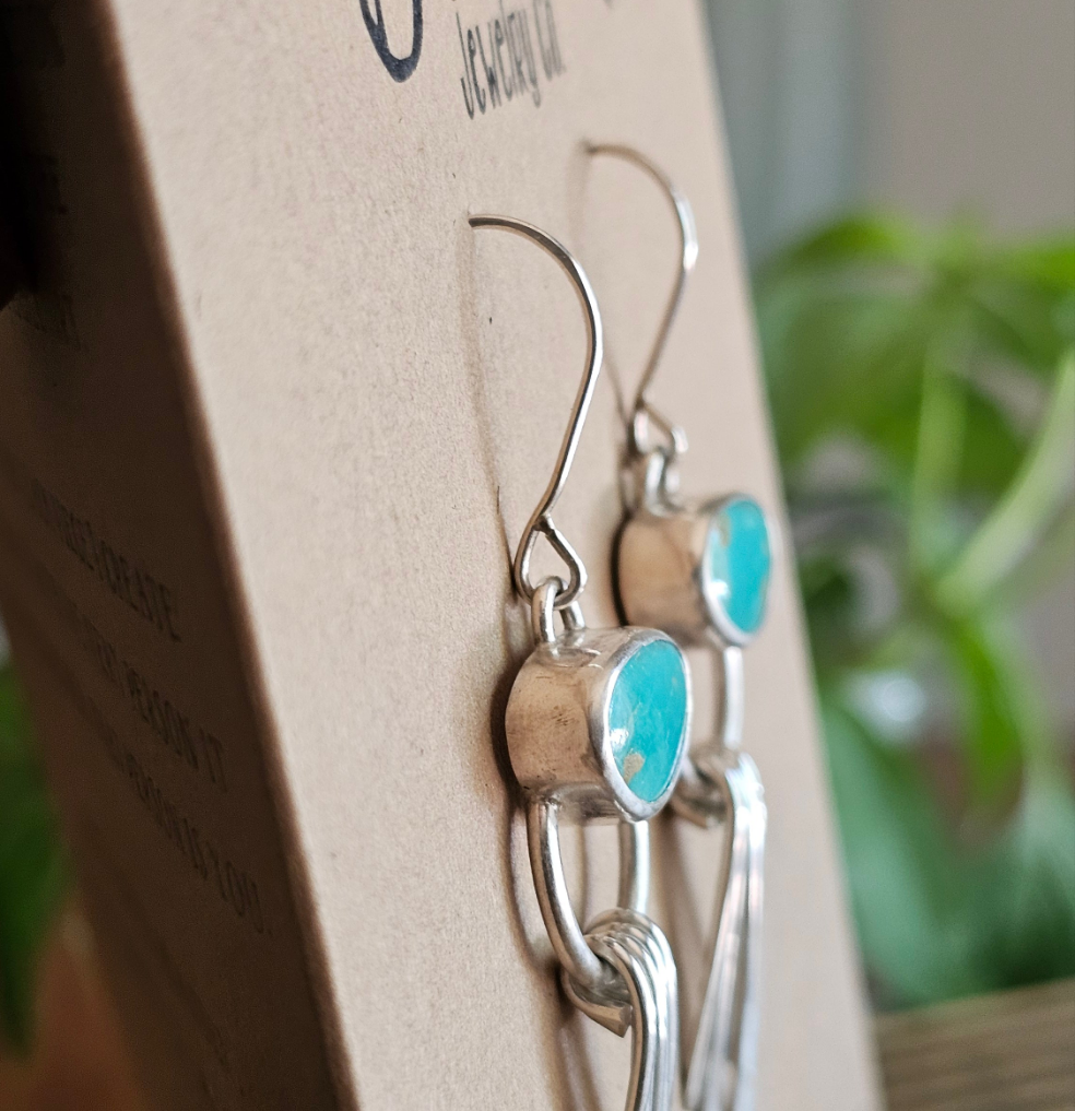Kingman Turquoise Earrings with Hammered Sterling Silver Fringe