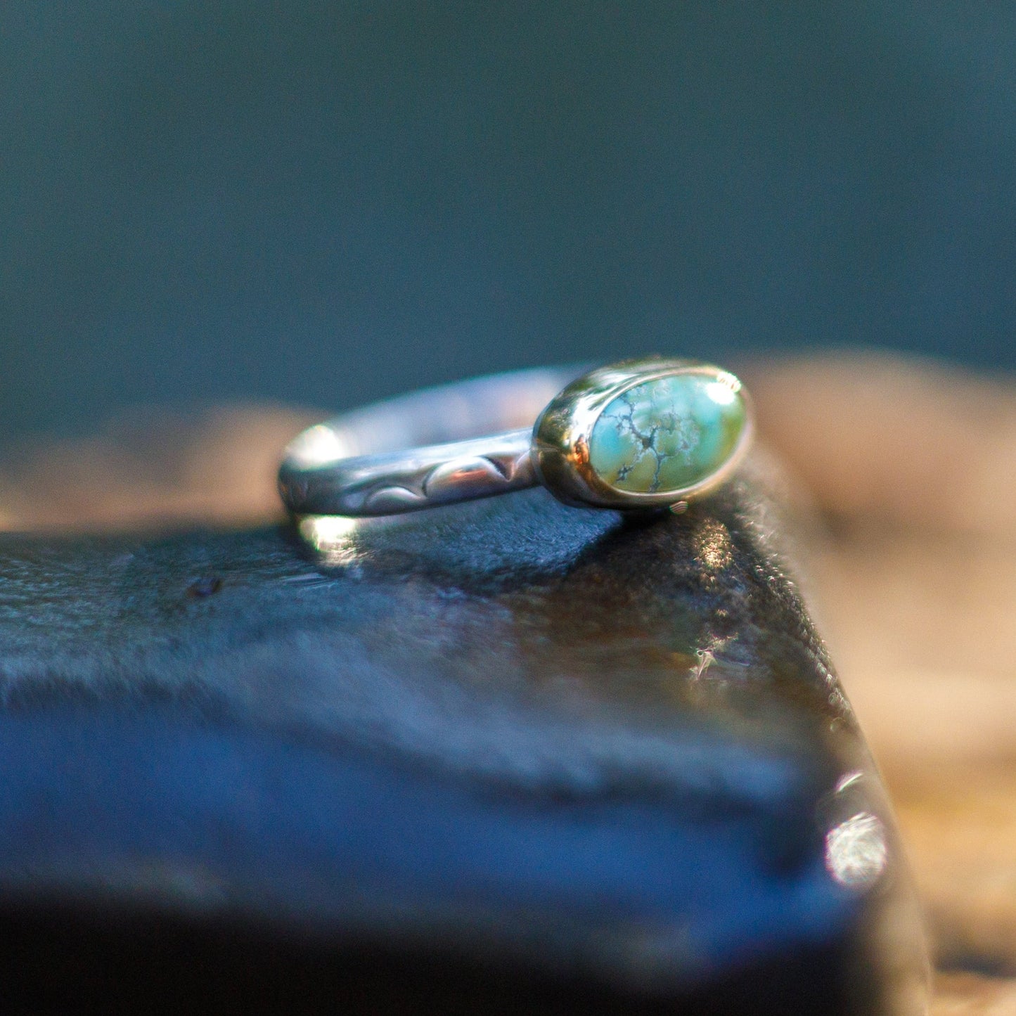 Size 9 // 14k Gold Bezel, Turquoise Stone with Sterling Silver Textured Band