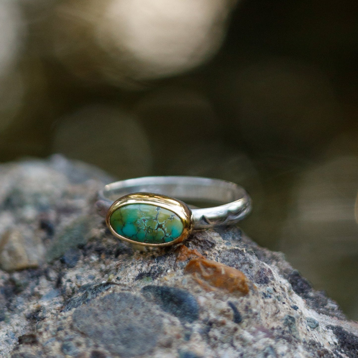 Size 9 // 14k Gold Bezel, Turquoise Stone with Sterling Silver Textured Band