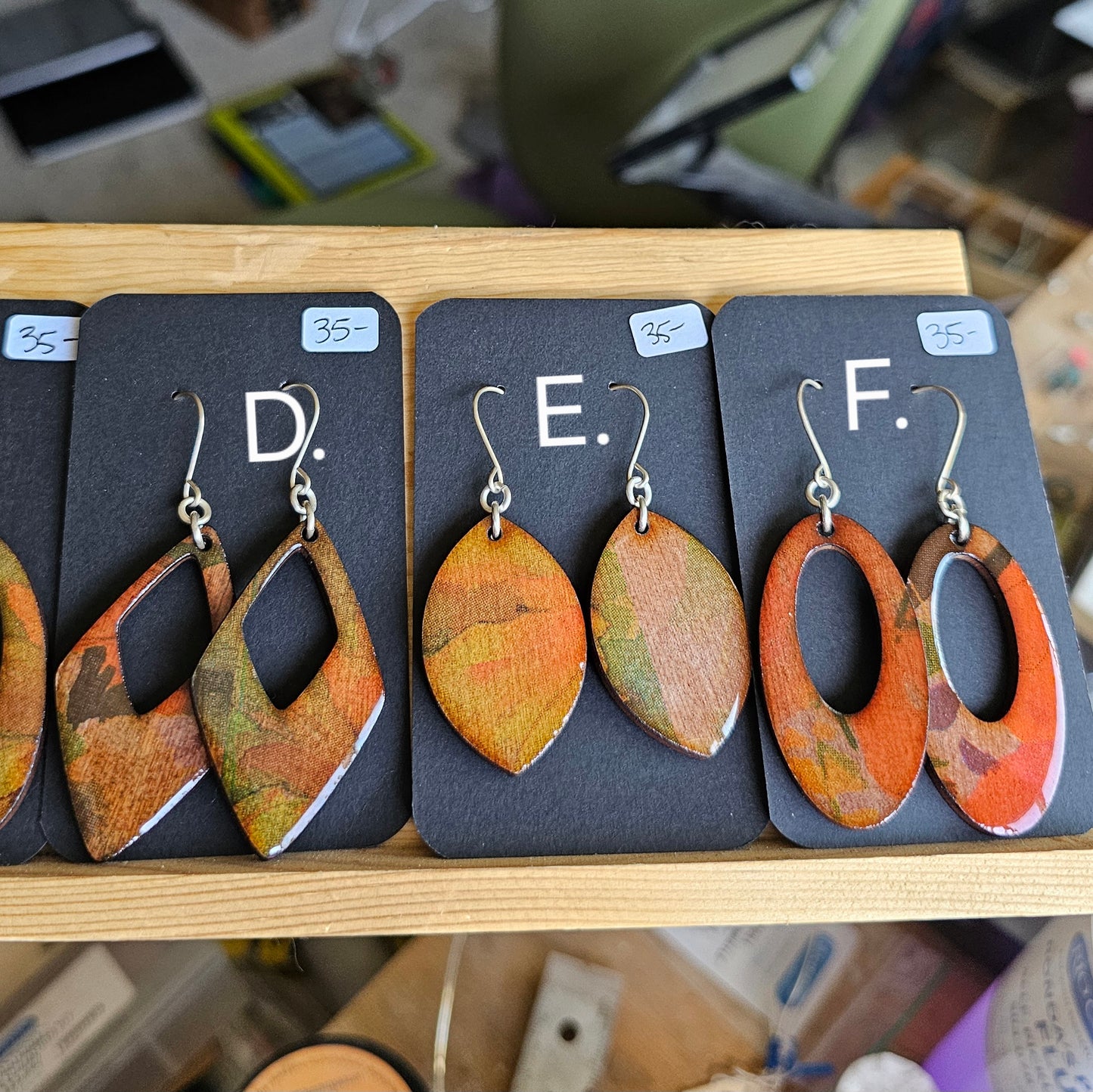 Hardwood Earrings Laser Cut with Resin Covered Design - Created by Shine Designs Customs + Bright Side Jewelry Co.