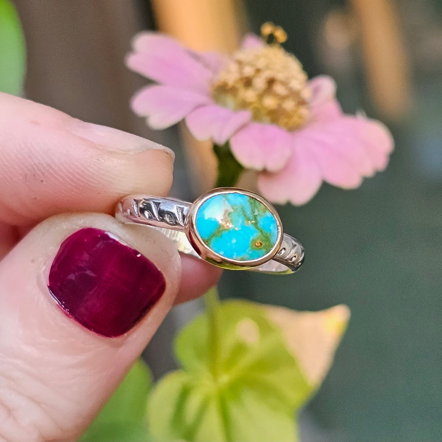 Size 8 / Turquoise Ring with Sterling Silver band & 14k Gold Bezel