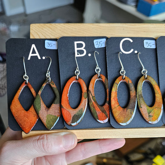 Hardwood Earrings Laser Cut with Resin Covered Design - Created by Shine Designs Customs + Bright Side Jewelry Co.
