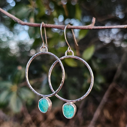 Hammered Sterling Silver Hoop with Kingman Turquoise Stone