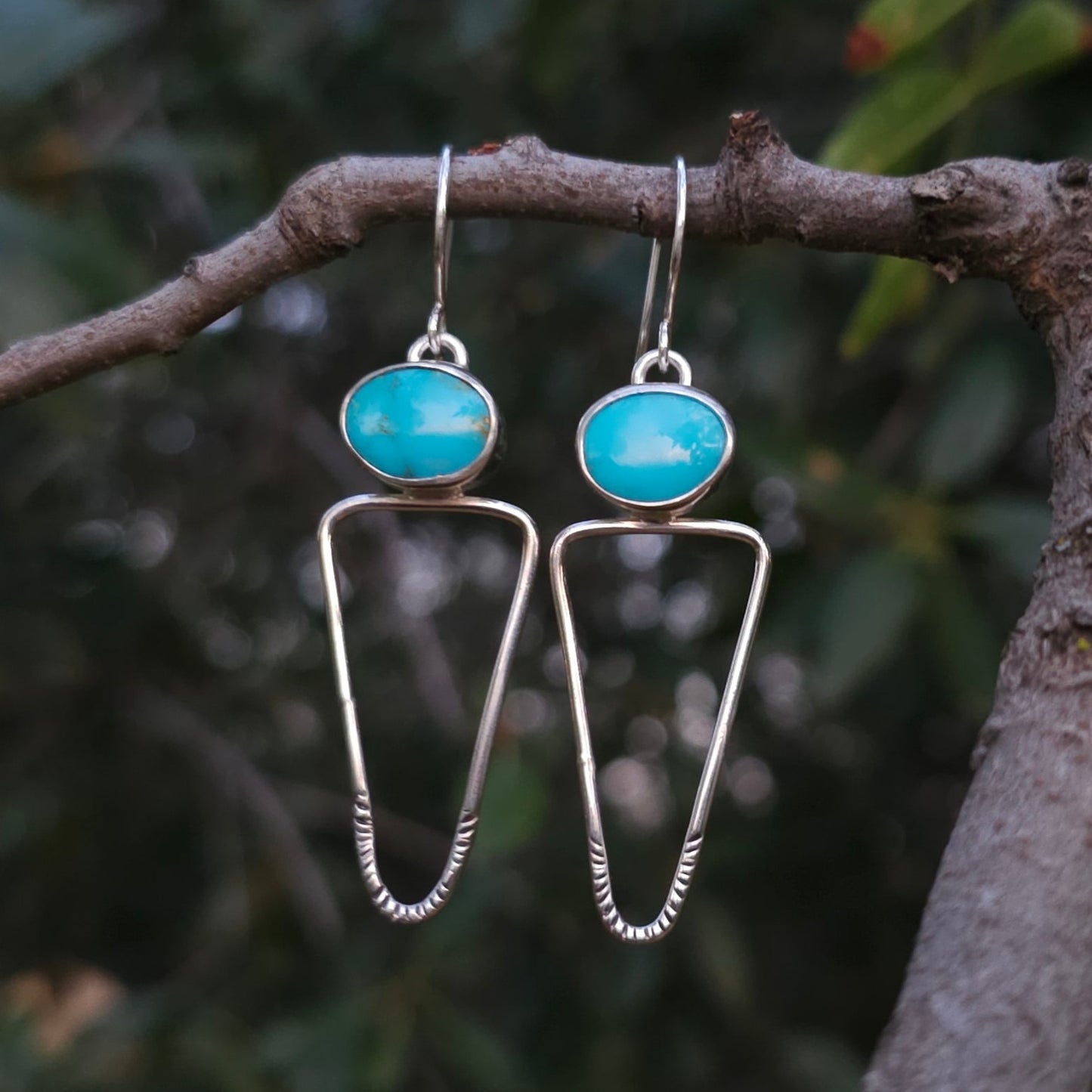 Stamped Elongated Triangle Sterling Silver Earrings with Kingman Turquoise Stone