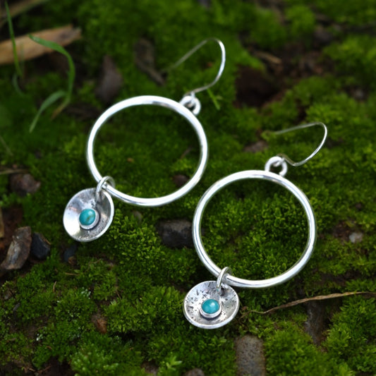Simple Hoop with Textured Dangle and Turquoise Stones
