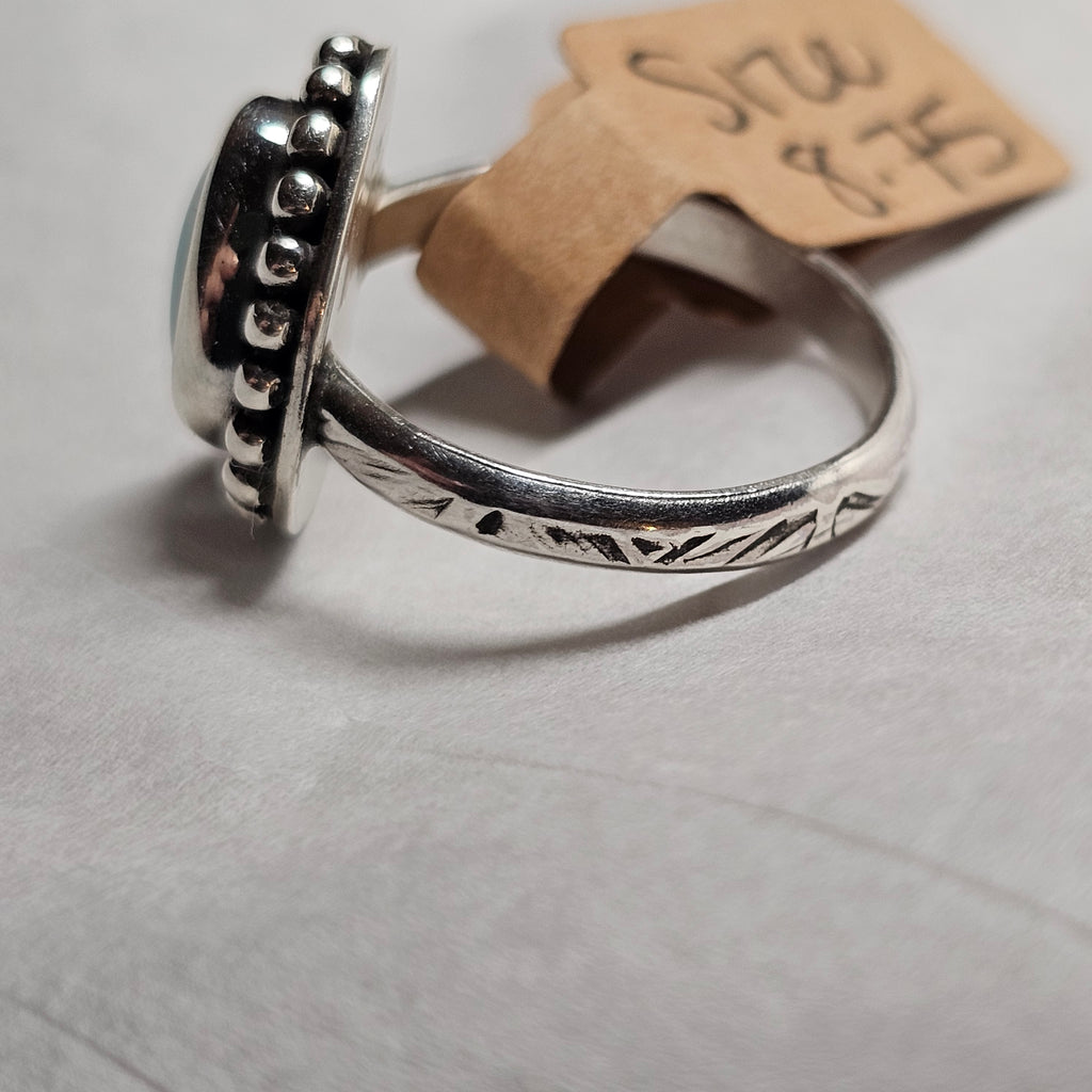 Size 8.75 // Sterling Silver Textured Band with Turquoise Stone