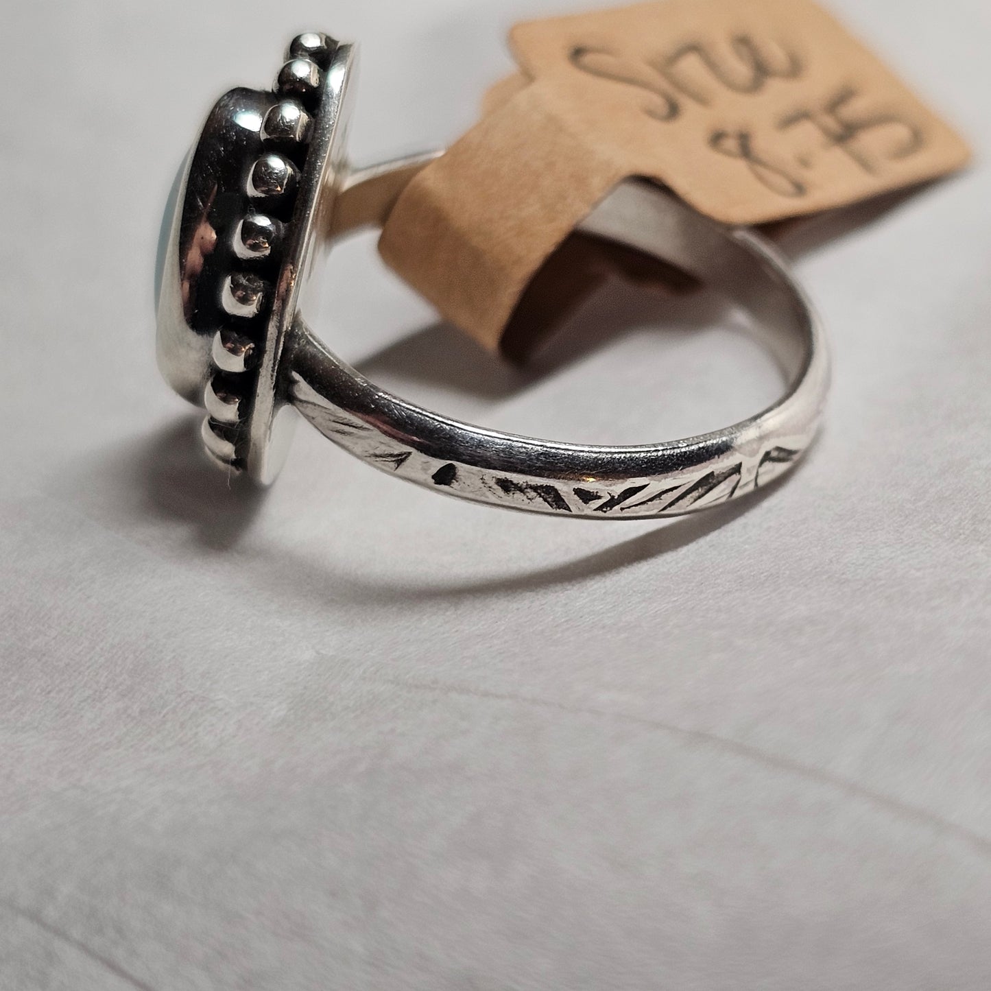 Size 8.75 // Sterling Silver Textured Band with Turquoise Stone