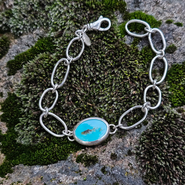 Turquoise Sterling Silver Chain Bracelet – Hand Fabricated - 8 inches - handmade by Bright Side Jewelry Co.