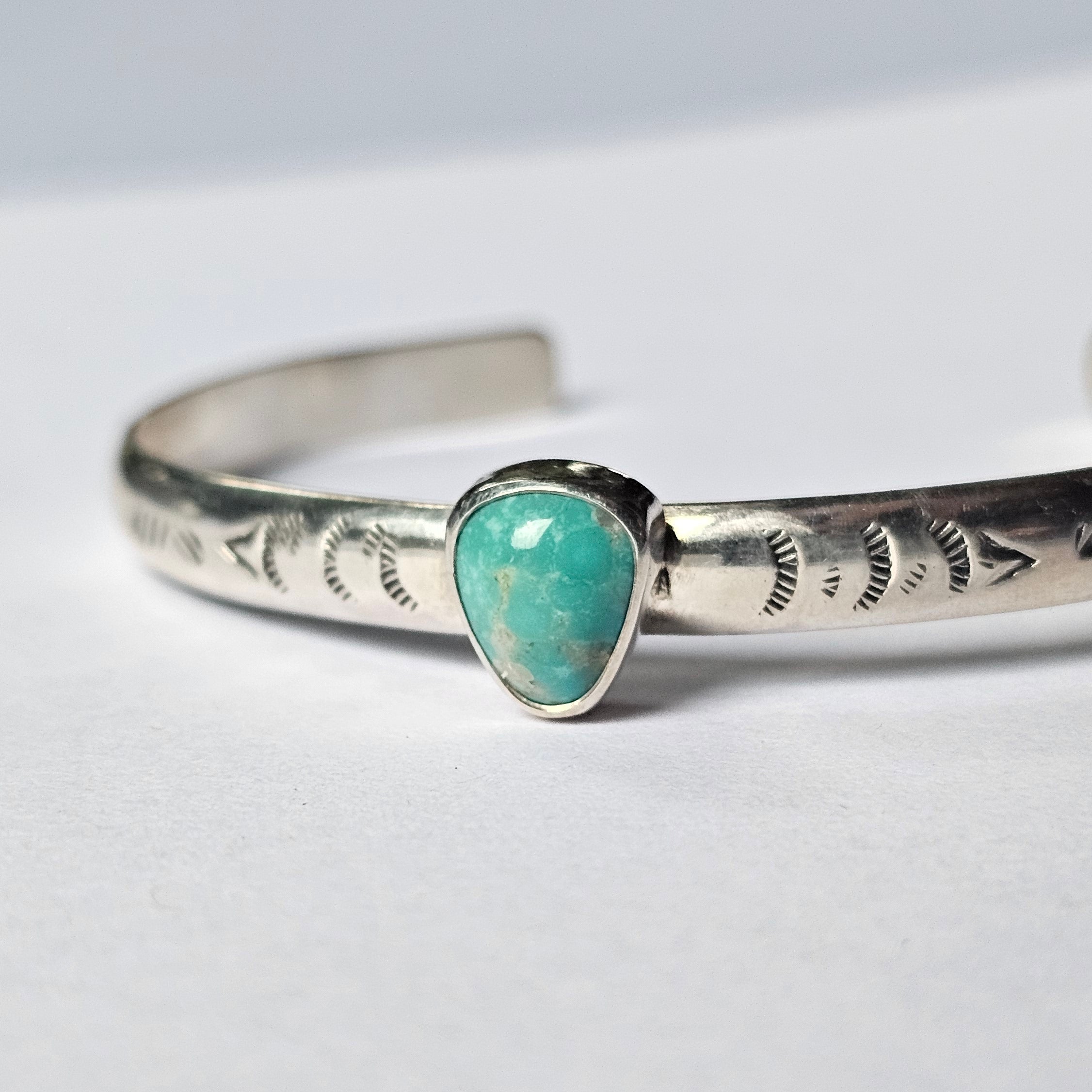 5.5" Sterling Silver Cuff with Kingman Turquoise – Stamped Band, Freeform Cabochon