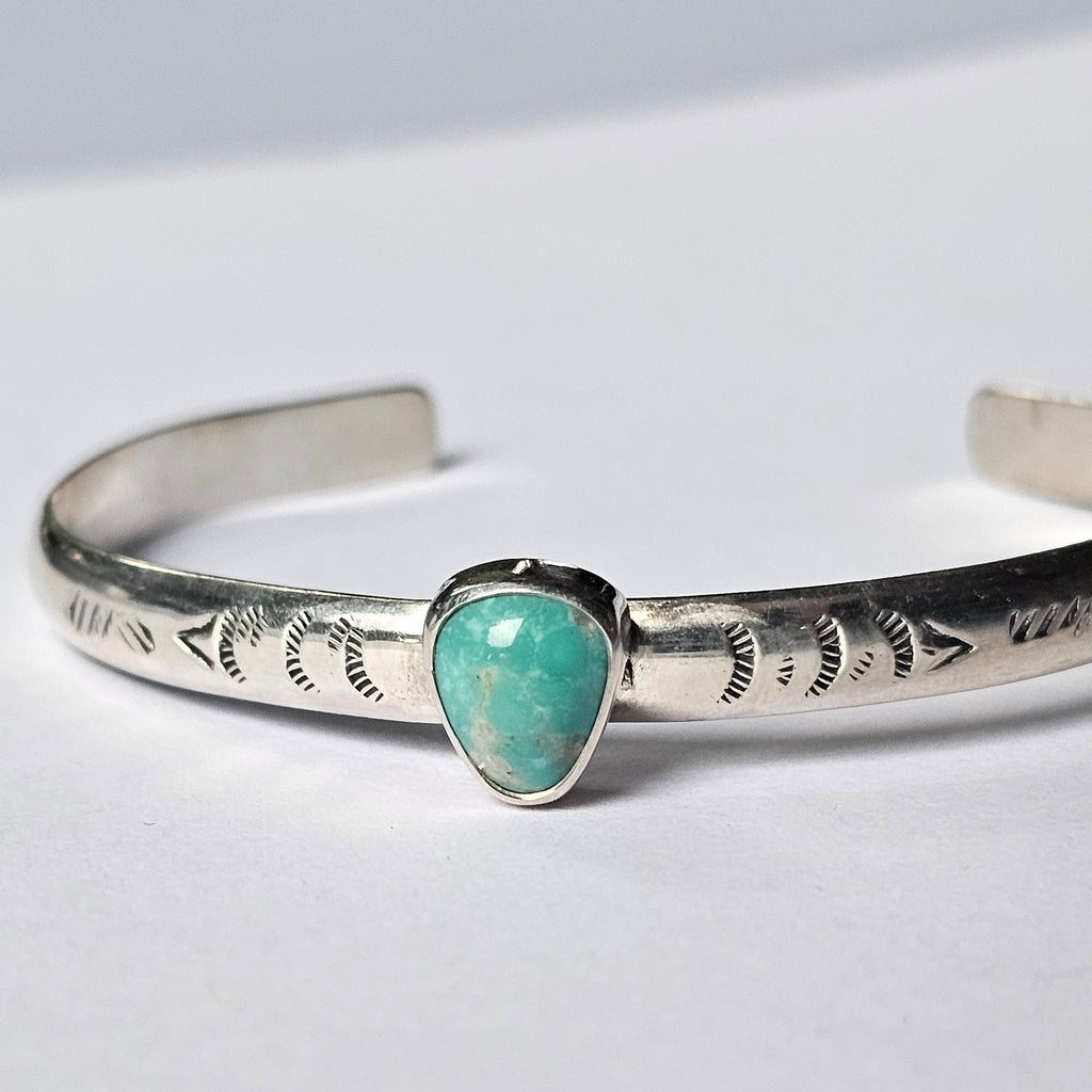 5.5" Sterling Silver Cuff with Kingman Turquoise – Stamped Band, Freeform Cabochon