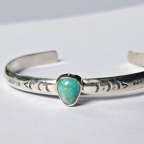 Kingman Turquoise Sterling Silver Cuff – Stamped Band – 5.5 Inches