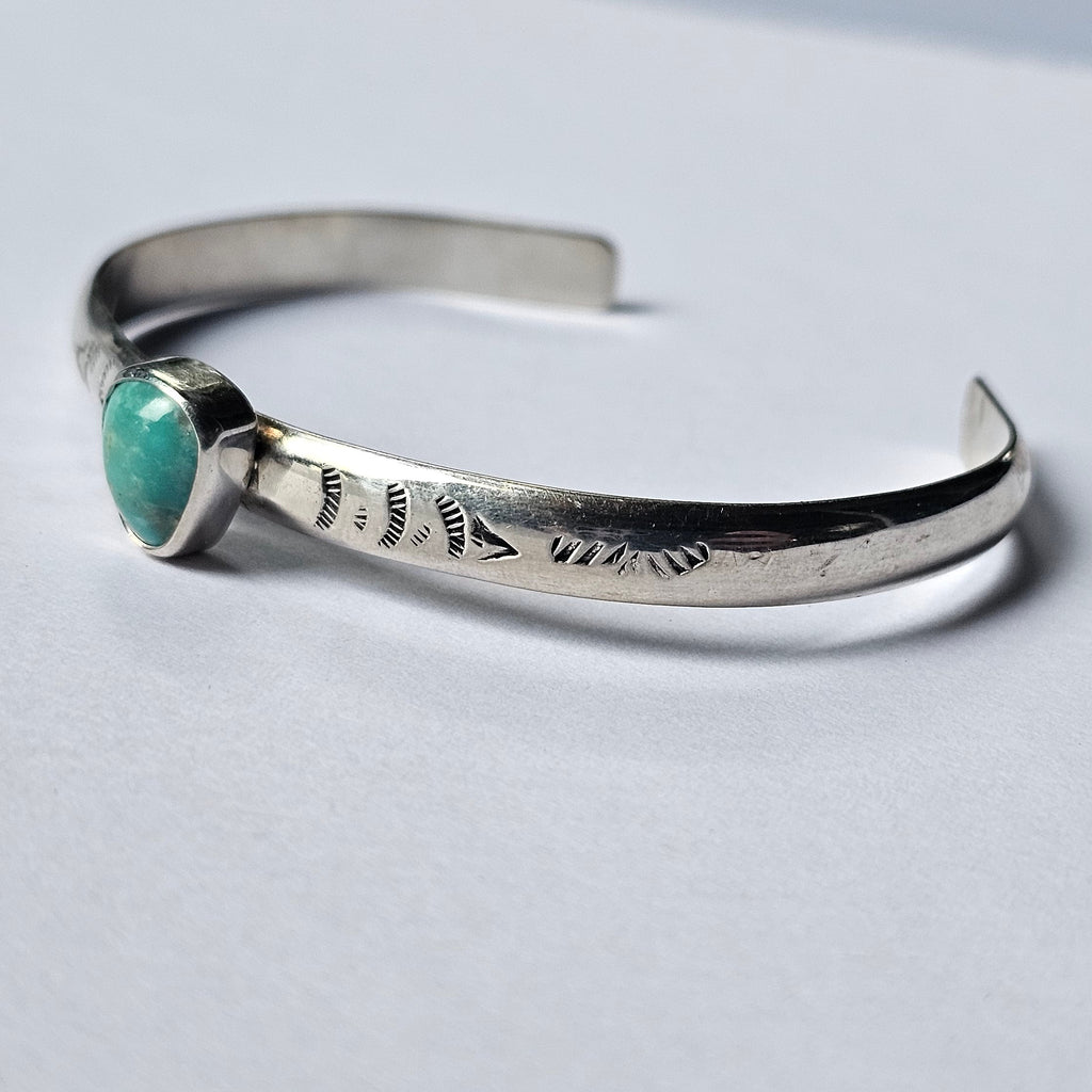 5.5" Sterling Silver Cuff with Kingman Turquoise – Stamped Band, Freeform Cabochon