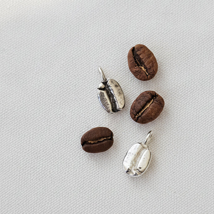 Cast coffee bean sterling silver pendant necklace, close-up - Bright Side Jewelry Co.