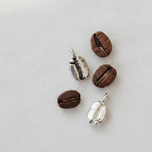 Cast coffee bean sterling silver pendant necklace, close-up - Bright Side Jewelry Co.