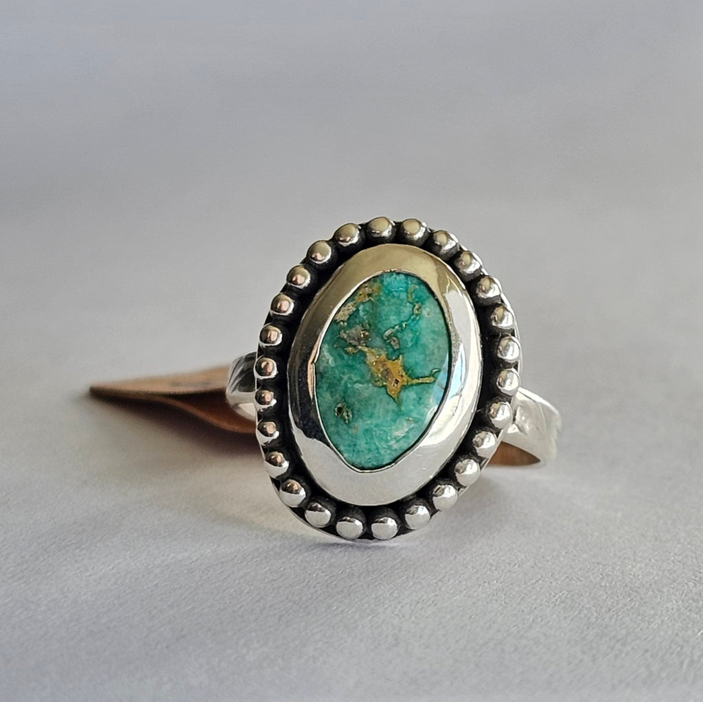 Turquoise Sterling Silver Ring – Wide Textured Band – Size 8.75