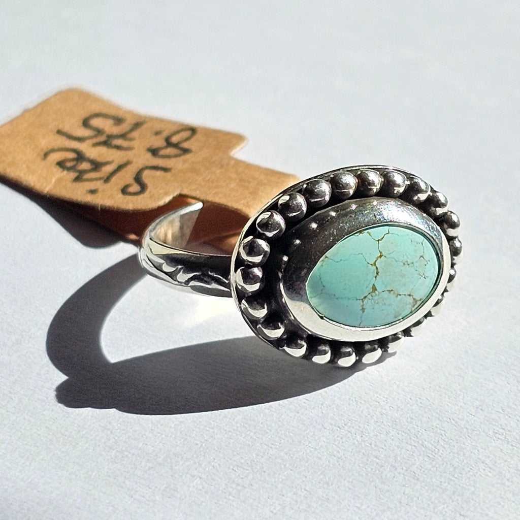 Turquoise Sterling Silver Ring – Textured Band – Size 8.75