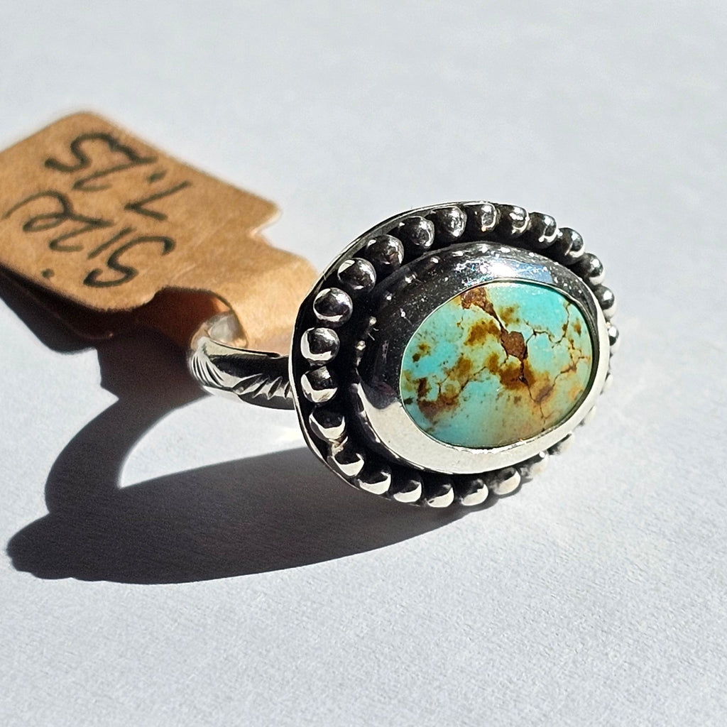 Turquoise Sterling Silver Ring – Textured Band – Size 7.25