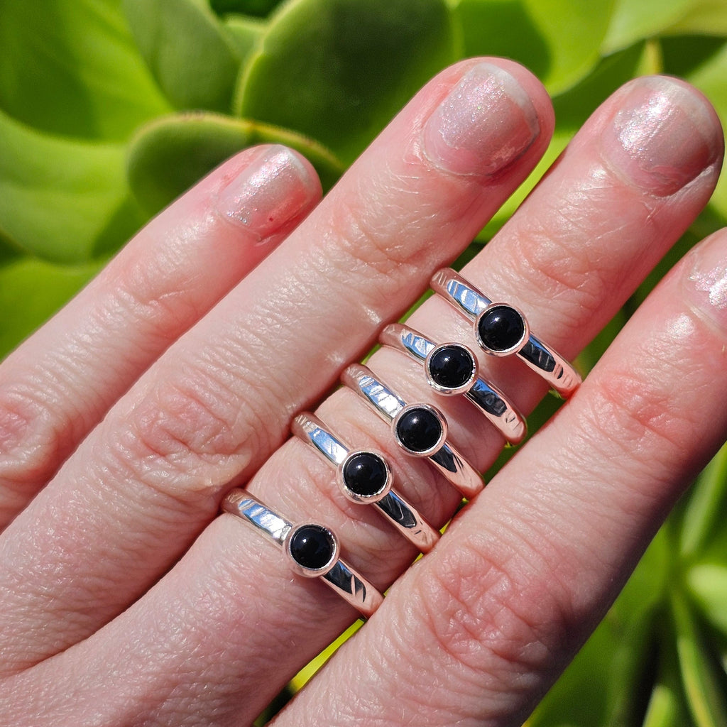 Textured Sterling Silver Half Round Band with Onyx Stone - Ready to Ship