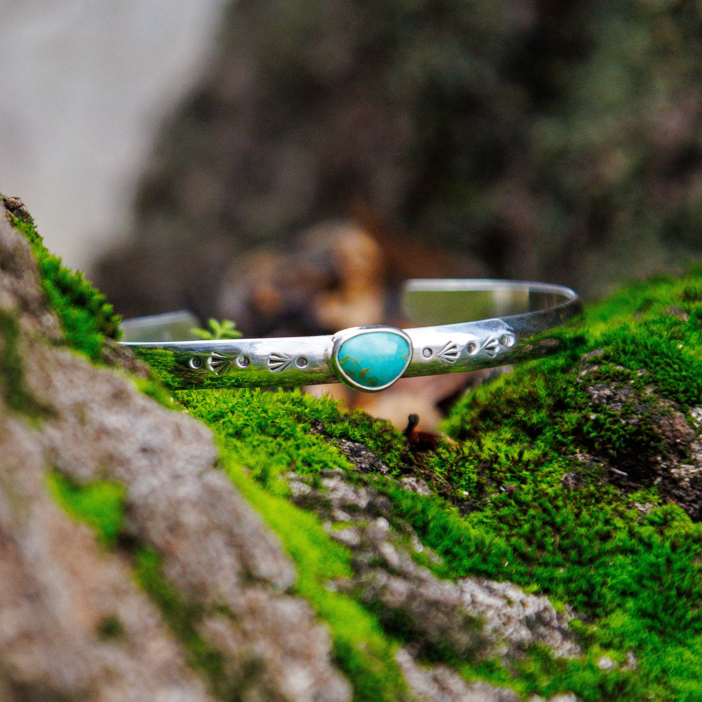 Kingman Turquoise Sterling Silver Cuff – Stamped Band – 6 Inches