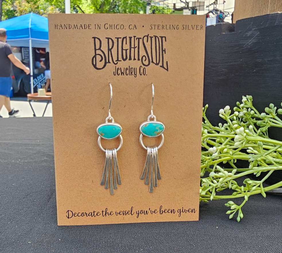 Kingman Turquoise Earrings with Hammered Sterling Silver Fringe