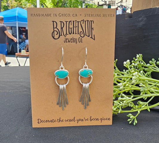 Kingman Turquoise Earrings with Hammered Sterling Silver Fringe