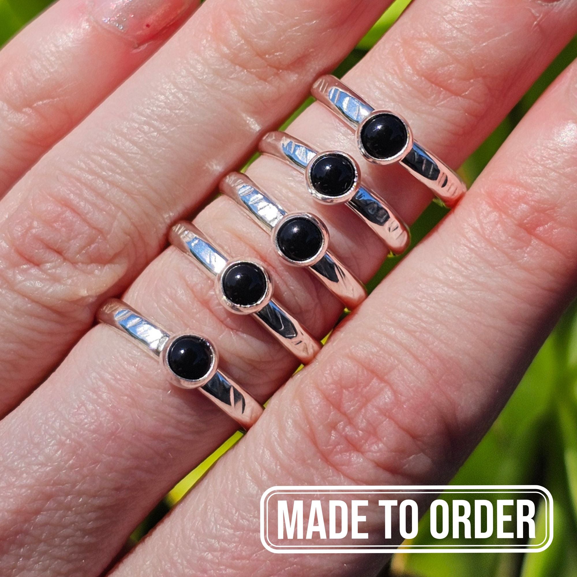 Textured Sterling Silver Half Round Band with Onyx Stone - Made to Order