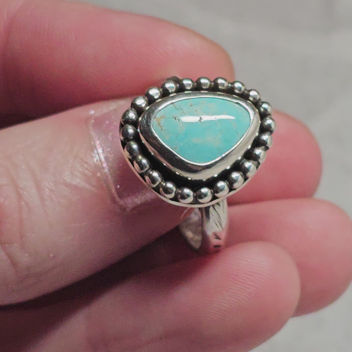Size 8.75 // Sterling Silver Textured Band with Turquoise Stone