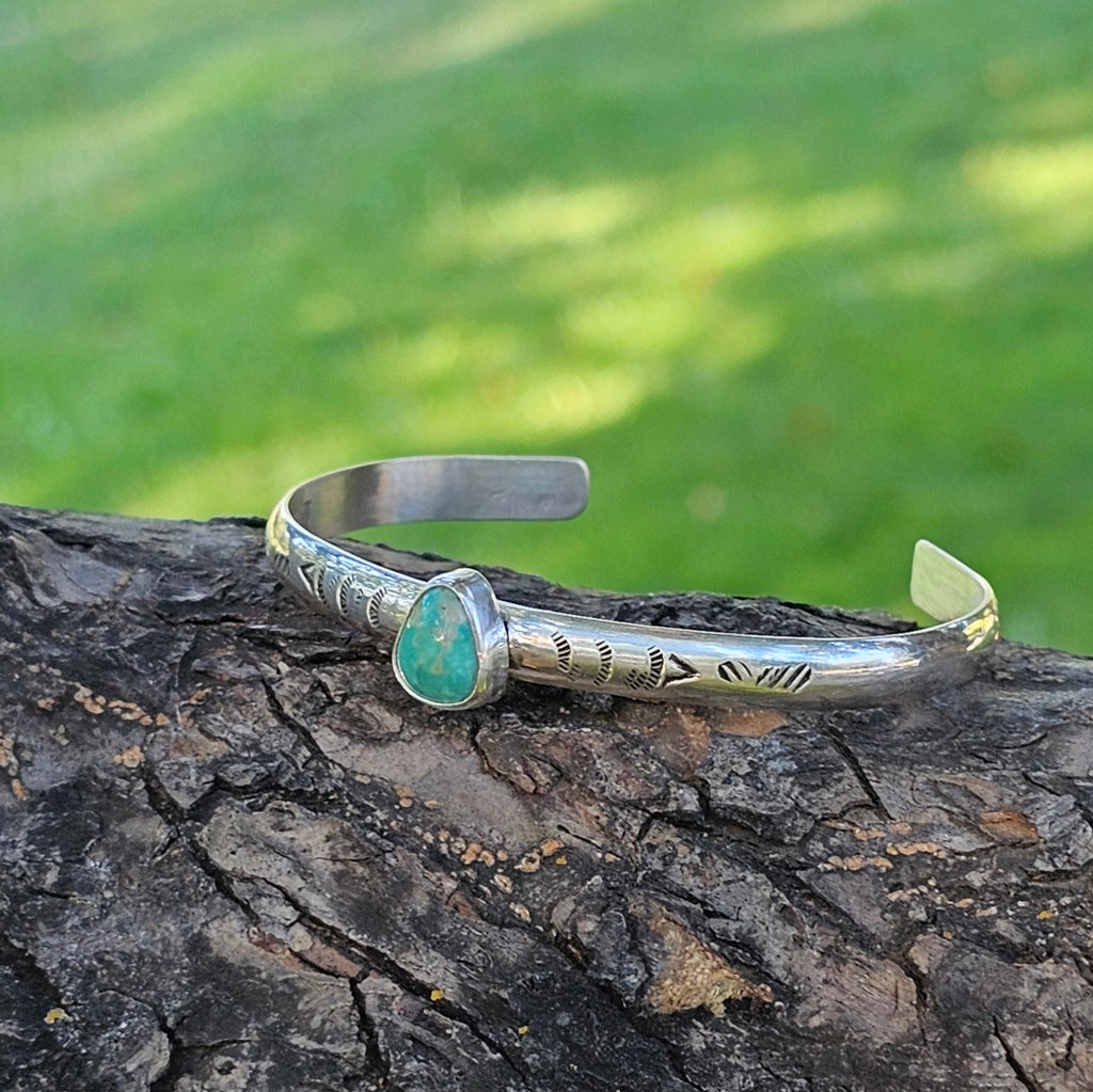 5.5" Sterling Silver Cuff with Kingman Turquoise – Stamped Band, Freeform Cabochon