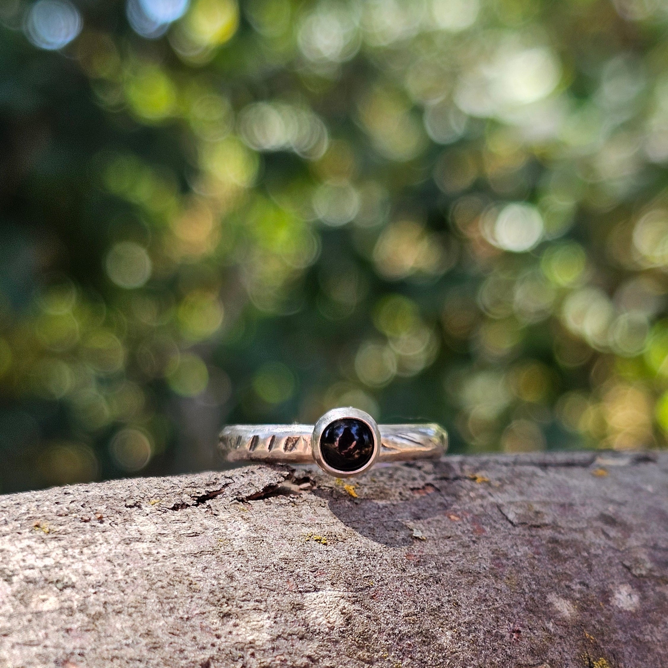 Textured Sterling Silver Half Round Band with Onyx Stone - Ready to Ship