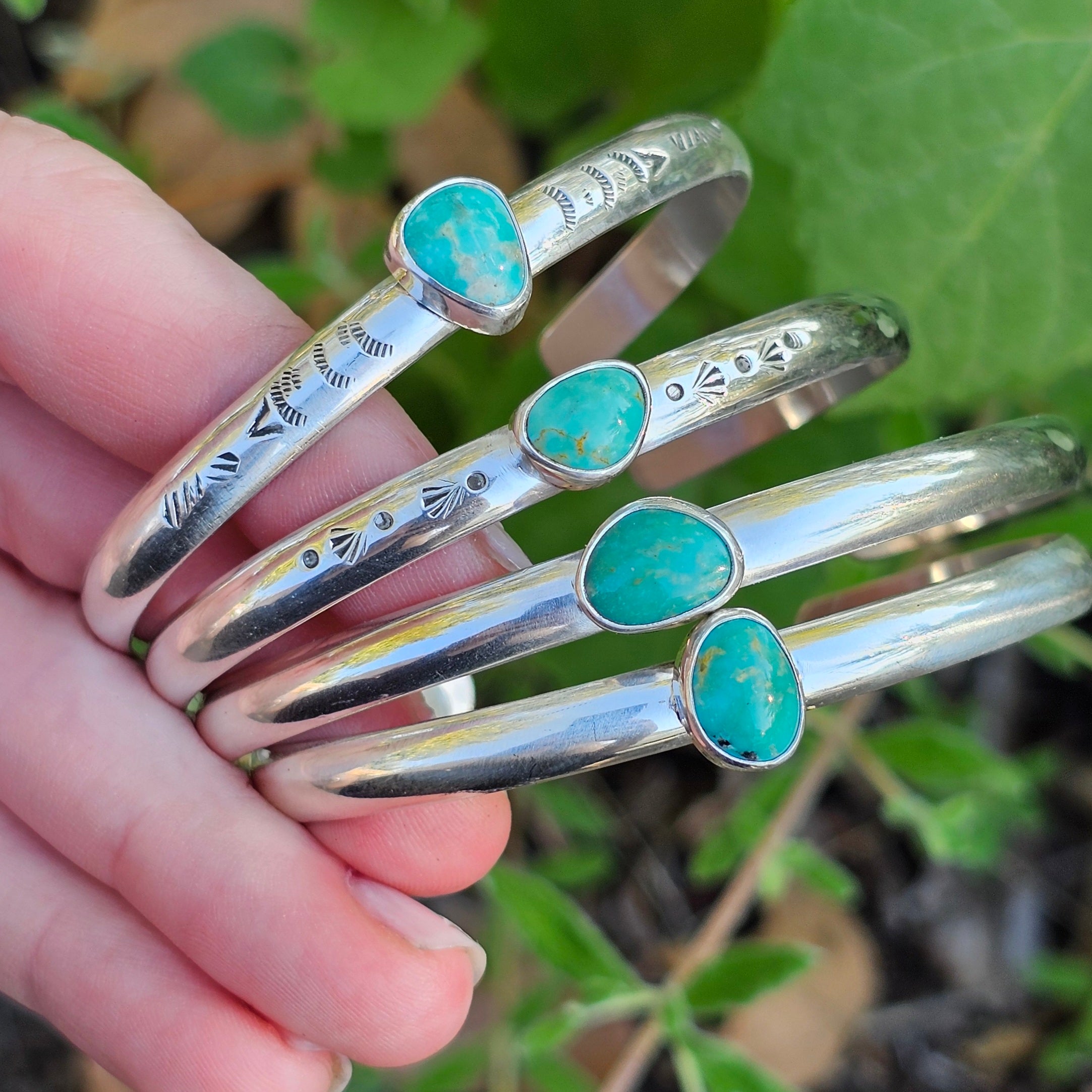 5.5" Sterling Silver Cuff with Kingman Turquoise – Stamped Band, Freeform Cabochon