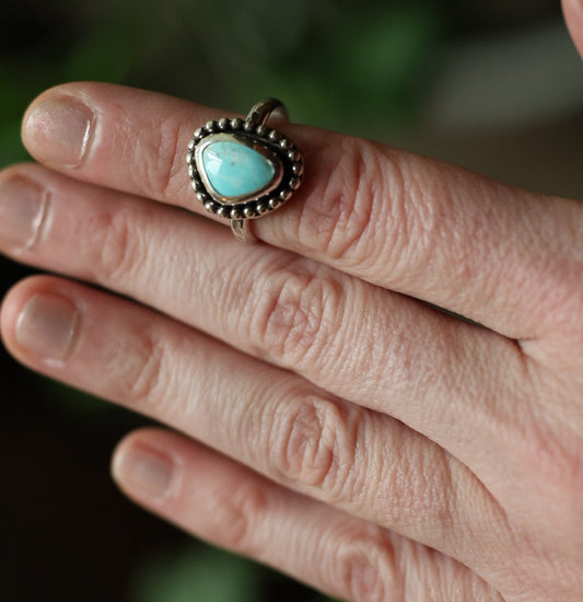 Size 8.75 // Sterling Silver Textured Band with Turquoise Stone