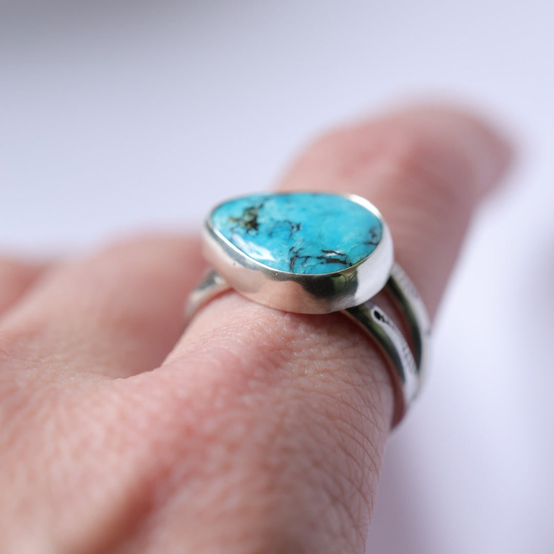Turquoise Sterling Silver Ring – Stamped Double Band – Size 9.5 - handmade by Bright Side Jewelry Co.