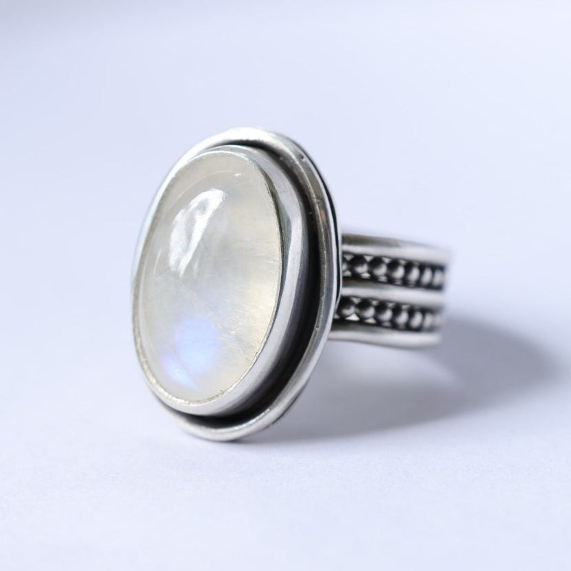 Moonstone Handmade Sterling Ring - Double Beaded Sterling Silver Band - Size 8.5