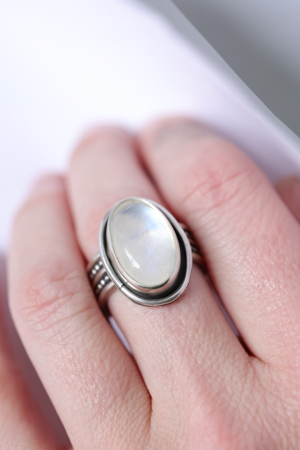 Moonstone Sterling Silver Ring – Beaded Double Band – Size 8.5