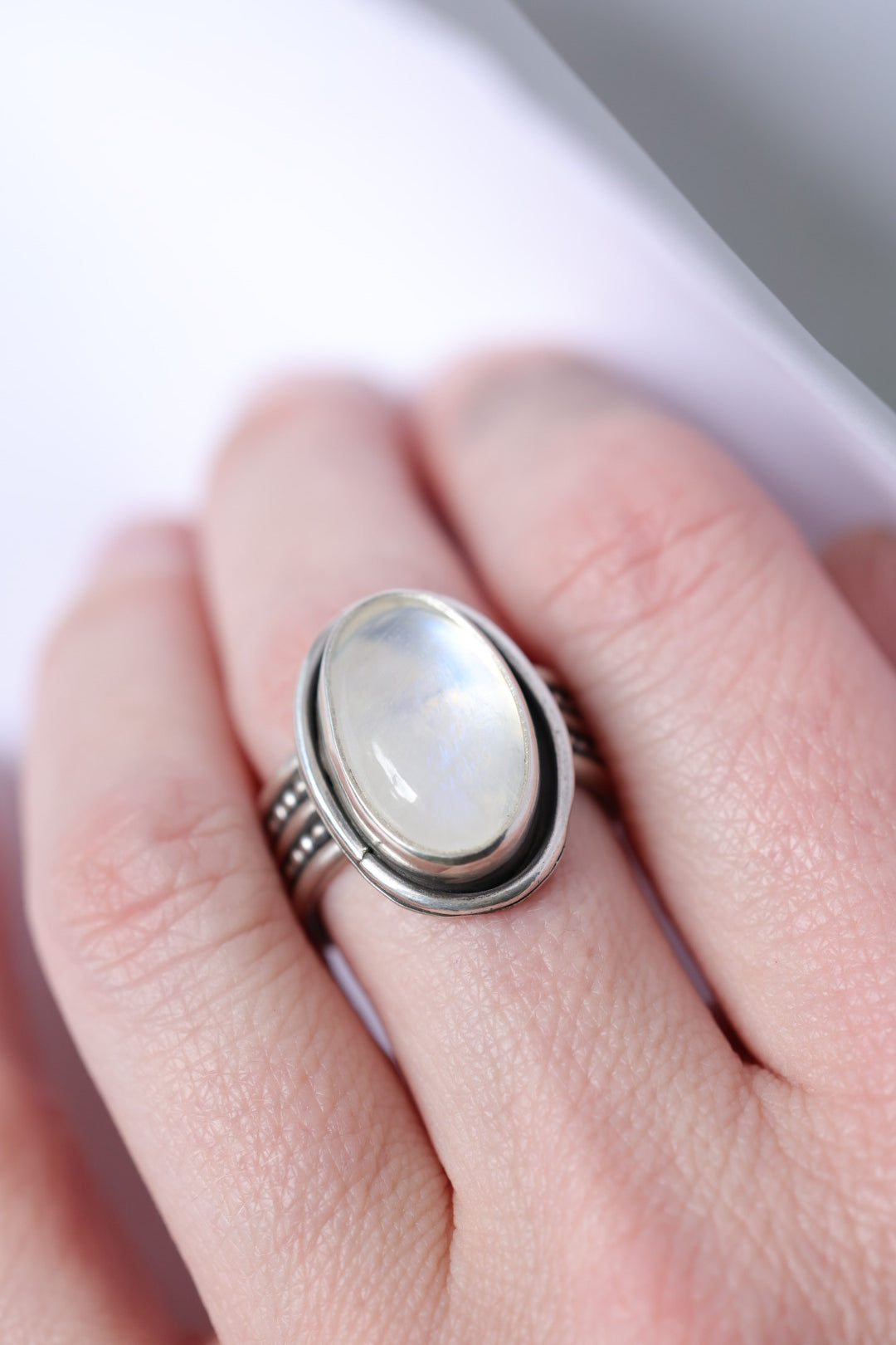 Moonstone Handmade Sterling Ring - Double Beaded Sterling Silver Band - Size 8.5