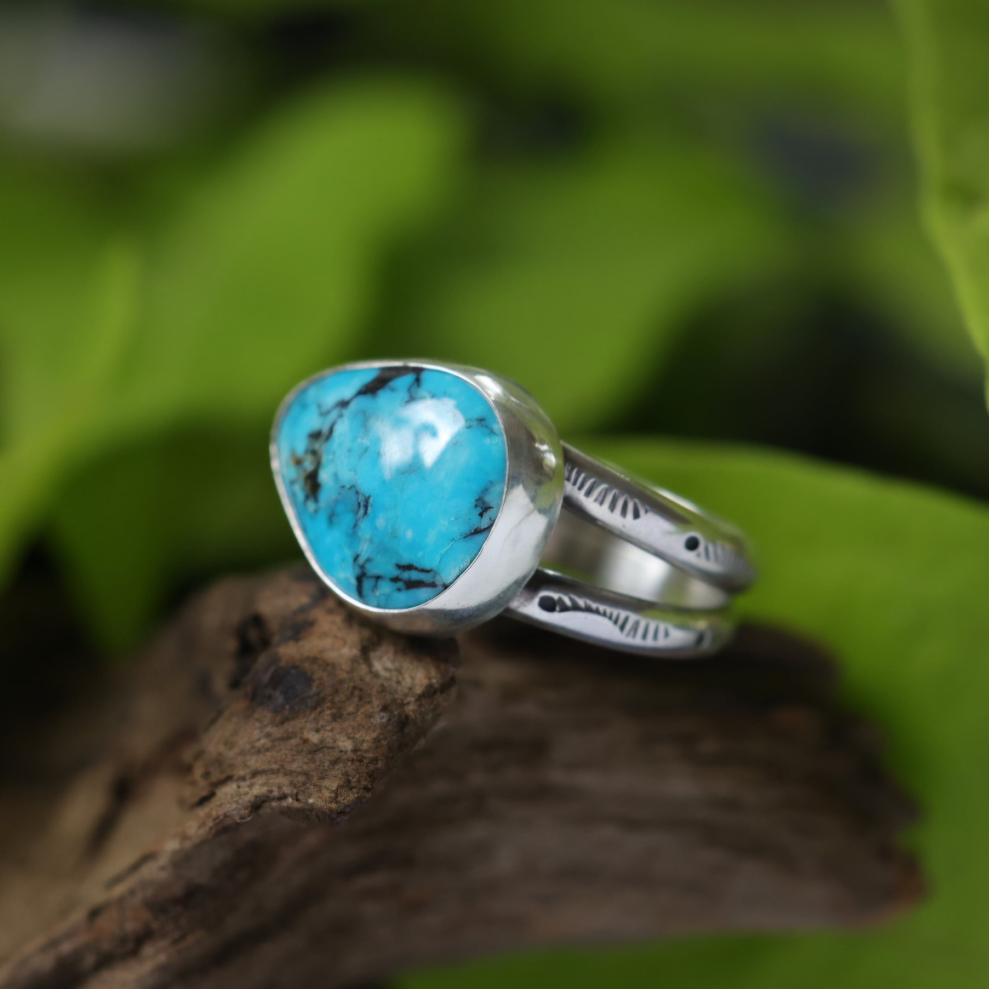 Turquoise Sterling Silver Ring – Stamped Double Band – Size 9.5