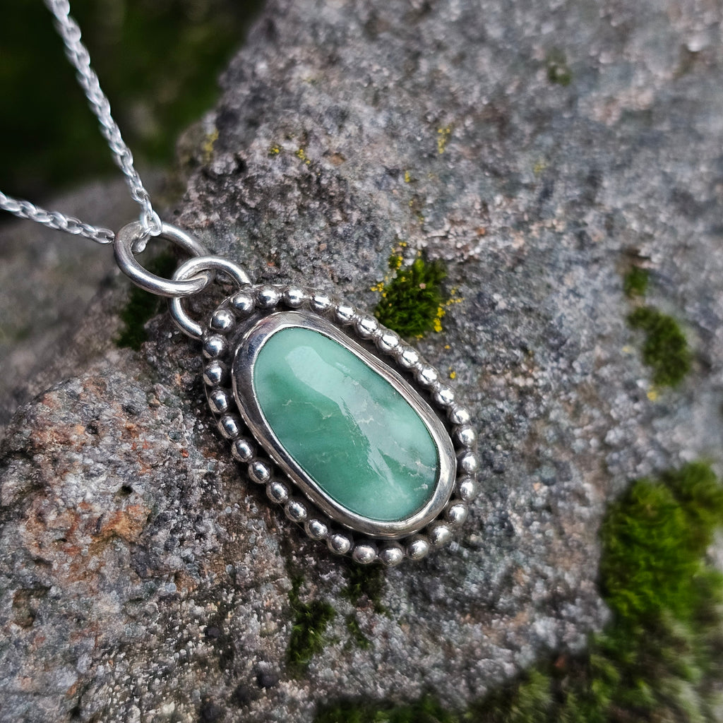 Top grade Natural Lucin Variscite with Beaded Detail around Bezel - Sterling Silver Pendant
