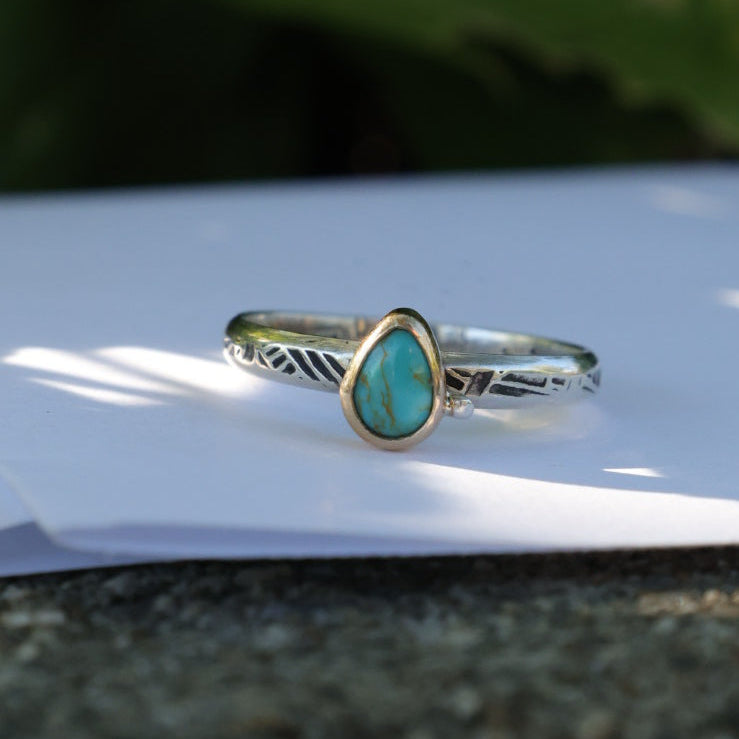 Size 9.25 US  || Turquoise Stone with 14k Bezel + Sterling Silver Band