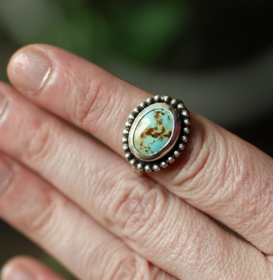 Turquoise Sterling Silver Ring – Textured Band – Size 7.25
