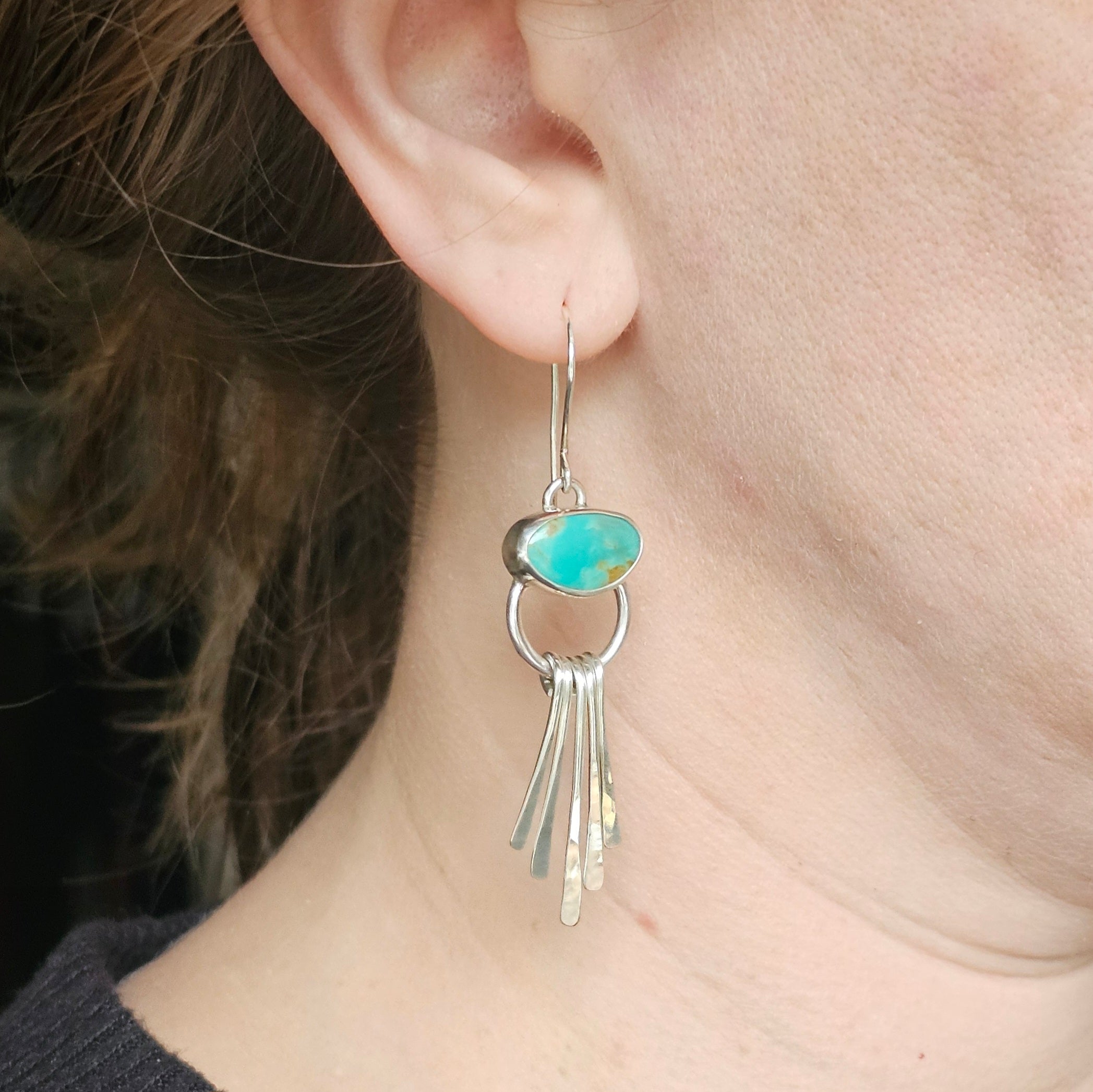 Kingman Turquoise Earrings with Hammered Sterling Silver Fringe