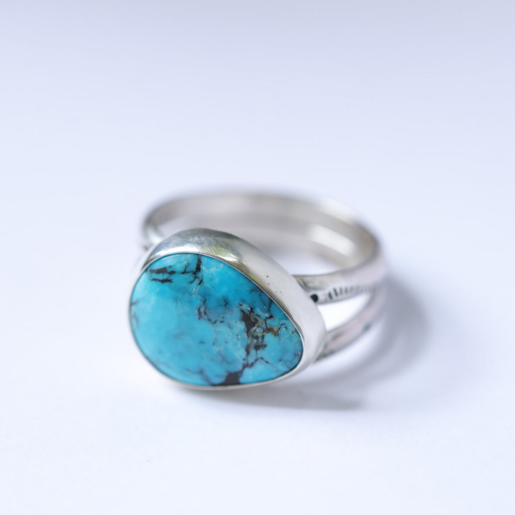 Turquoise Sterling Silver Ring – Stamped Double Band – Size 9.5 - handmade by Bright Side Jewelry Co.